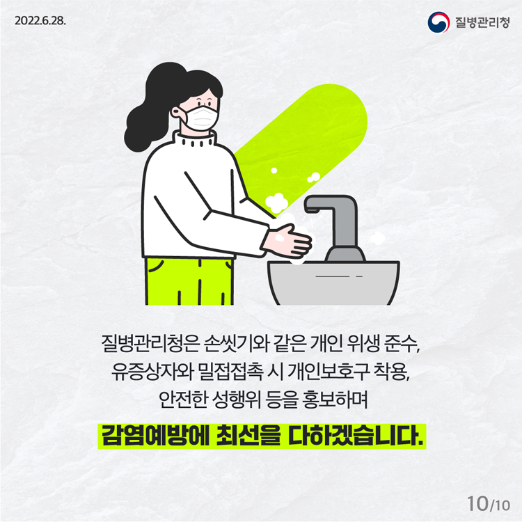 질병관리청은 손씻기와 같은 개인위생 준소, 유증상자와 밀접접촉 시 개인보호구 착용, 안전한 성행위 등을 홍보하여 감염예방에 최선을 다하겠습니다.