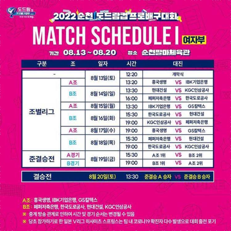 2022 순천 도드람컵 프로배구대회
MATCH SCHEDULEI여자부