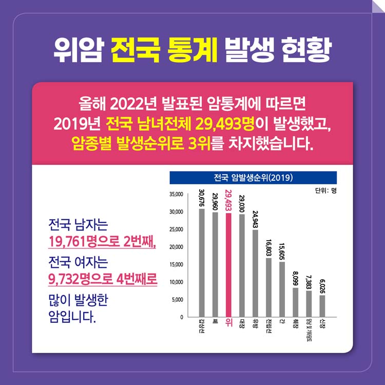 위암 전국 통게 발생 현황
올해 2022년 발표된 암통게에 따르면 2019년 전국 남녀 전체 29,493명이 발생했고, 암종별 발생순위로 3위 차지했습니다.