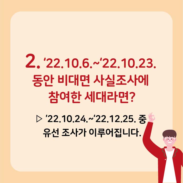 2. 22.10.6.~10.23. 동안 비대면  사실조사에 참여한 세대라면?
▷ 22.10.24.~12.25. 중 유선조사가 이루어집니다.