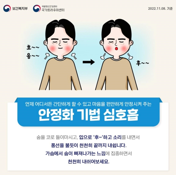 ◆ 심호흡
숨을 코로 들이마시고, 입으로 ‘후~’하고 소리를 내면서 풍선을 불듯이 천천히 끝까지 내쉽니다.
가슴에서 숨이 빠져나가는 느낌에 집중하면서 천천히 내쉬어보세요.