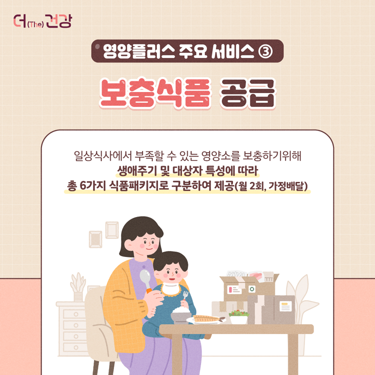 영양플러스 주요 서비스3
보충식품 공급
일상식사에서 부족할 수 있는 영양소를 보충하기 위해 생애주기 및 대상자 특성에 따라 총 6가지 식품패키지로 구분하여 제공(월2회, 가정배달)