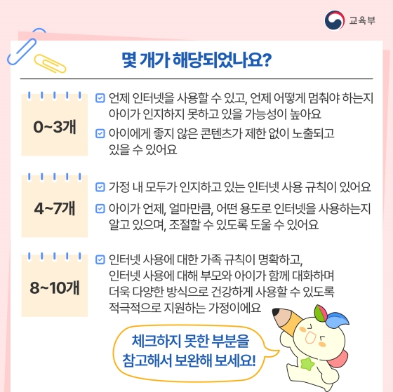 0~3개 : 언제 인터넷을 사용할 수 있고, 언제 어떻게 멈춰야 하는지 아이가 인지하지 못하고 있을 가능성이 높아요.
4~7개 : 가정 내 모두가 인지하고 있는 인터넷 사용 규칙이 있어요.
8~10개 : 인터넷 사용에 대한 가족 규칙이 명확하고, 인터넷 사용에 더욱 다양한 방식으로 건강하게 사용할 수 있도록 적극적으로 지원하는 가정이에요