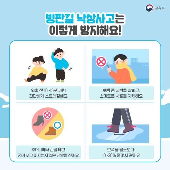 ◆ 빙판길 낙상사고는 이렇게 방지해요!
 외출 전 10~15분가량 간단하게 스트레칭해요.
 보행 중 사방을 살피고, 스마트폰 사용을 자제해요.
 주머니에서 손을 빼고 굽이 낮고 미끄럽지 않은 신발을 신어요.
 보폭을 평소보다 10~20% 줄여서 걸어요.