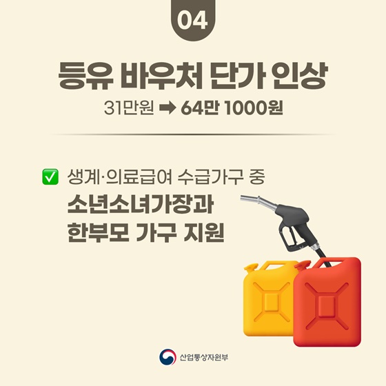 4. 등유 바우처 단가 인상
31만원 → 64만1000원
- 생계·의료급여 수급가구 중 소년소녀가장과 한부모 가구 지원