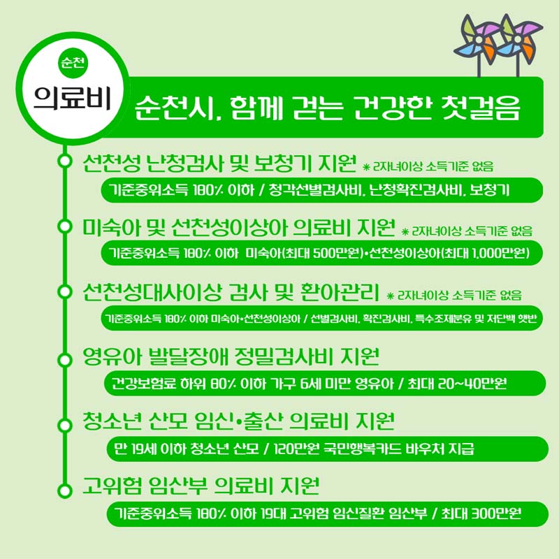 의료비 : 순천시, 함께 걷는 건강한 첫걸음
선천성 난청검사 및 보청기 지원
미숙아 및 선천성이상아 의료비 지원
선천성대사이상 검사 및 환아관리
영유아 발달장애 정밀검사비 지원
청소년 산모 임신,출산 의료비 지원
고위험 임산부 의료비 지원