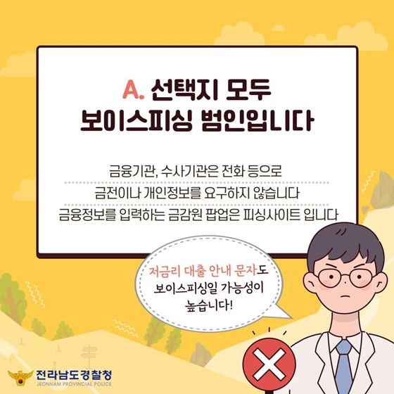 A. ①, ②, ③ 선택지 모두 보이스피싱 범인입니다.
금융기관, 수사기관은 전화 등으로 금전이나 개인정보를 요구하지 않습니다.
금융정보를 입력하는 금감원 팝업은 피싱사이트입니다.
저금리 대출 안내 문자도 보이스피싱일 가능성이 높습니다!