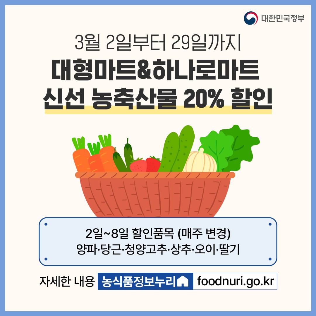 2. 대형마트·하나로마트 신선 농축산물 20% 할인(~3.29)
- 할인품목 매주 변경(양파, 당근, 청양고추, 상추, 오이, 딸기 등)
☞ 자세한 내용은? 농식품정보누리(foodnuri.go.kr)