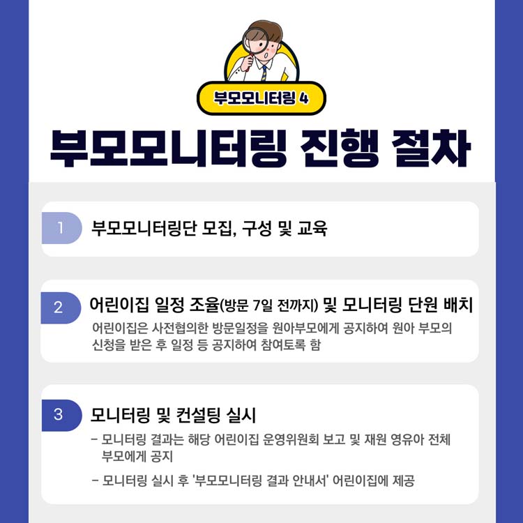 부모모니터링4
무보모니터링 진행 절차
1. 부모모니터링단 모집 구성 및 교육
2. 어린이집 일정 조율(방문 7일 전까지) 및 모니터링 단원 배치
어린이집은 사전협의한 방문일정을 원아 부모에게 공지하여 원아 부모의 신청을 받은 후 일정 등 공지하여 참여토록 함
3. 모니터링 및 컨설팅 실시