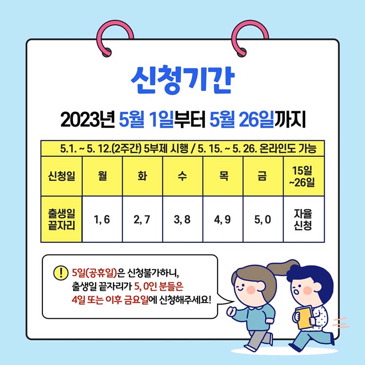 신청기간 2023년 5월 1일부터 5월 26일까지
5.1.~5.12.(2주간) 5부제 시행 / 5.15.~5.26. 온라인도 가능
5일(공휴일)은 신청불가하니, 출생일 끝자리가 5,0인 분들은 4일 또는 이후 금요일에 신청해 주세요