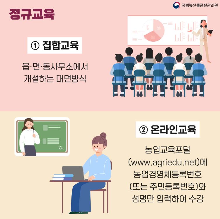 정규교육
1. 집합교육 읍면동사무소에서 개설하는 대면 방식
2. 온라인교육 농업교육포털에 농업경영체 등록번호(또는 주민등록번호)와 성명만 입력하여 수강