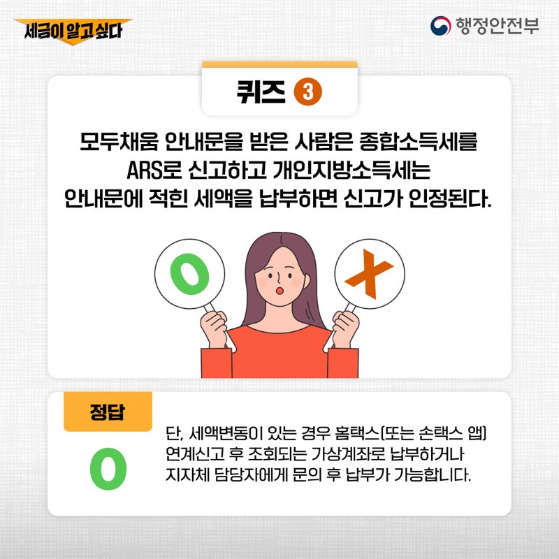 퀴3
모두채움 안내문을 받은 사람은 종합소득세를 ARS로 신고하고 개인지방소득세는 인내문에 적힌 세액을 납부하면 신고가 인정된다. O, X
정답 O
단 세액변동이 있는 경우 홈택스(또는 손택스 앱) 연계신고 후 조회되는 가상계좌로 납부하거나 지자체 담당자에게 문의 후 납부가 가능합니다.