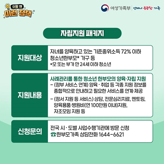 ■ 자립지원 패키지
· 지원대상 : 자녀를 양육하고 있는 기준중위소득 72% 이하 청소년한부모* 가구 등
 * 모 또는 부가 만 24세 이하 청소년
· 지원내용 : 사례관리를 통한 청소년 한부모의 양육·자립 지원
· 신청문의 : 전국 시·도별 사업수행기관에 방문 신청