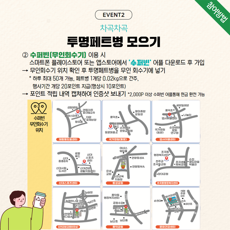 차곡 차곡 투명페트병 모으기
2. 수퍼빈(문인회수기 이용시
스마트폰 플레이스토어 또는 앱스토어에서 수퍼빈 어플 다운로드 후 가입
무인회수기 위치 확인후 투명페트병을 무인회수기에 놓기
포인트 적립 내역 캡쳐하여 인증샷 보내기