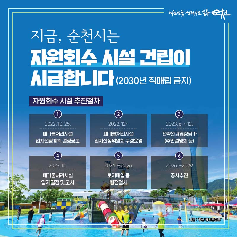 지금 순천시는 
자원회수 시설 건립이 시급합니다.
(2030년 직매립 금지)