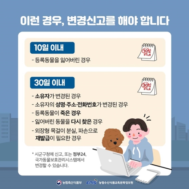 ③ 신청 후 수일 내 승인이 완료되면 시·군·구청을 방문해 등록증을 수령합니다.
* 일부 지자체에서는 우편으로도 수령 가능합니다.
모바일 동물등록증도 쉽게 받을 수 있습니다!
국가동물보호정보시스템에서(www.animal.go.kr)