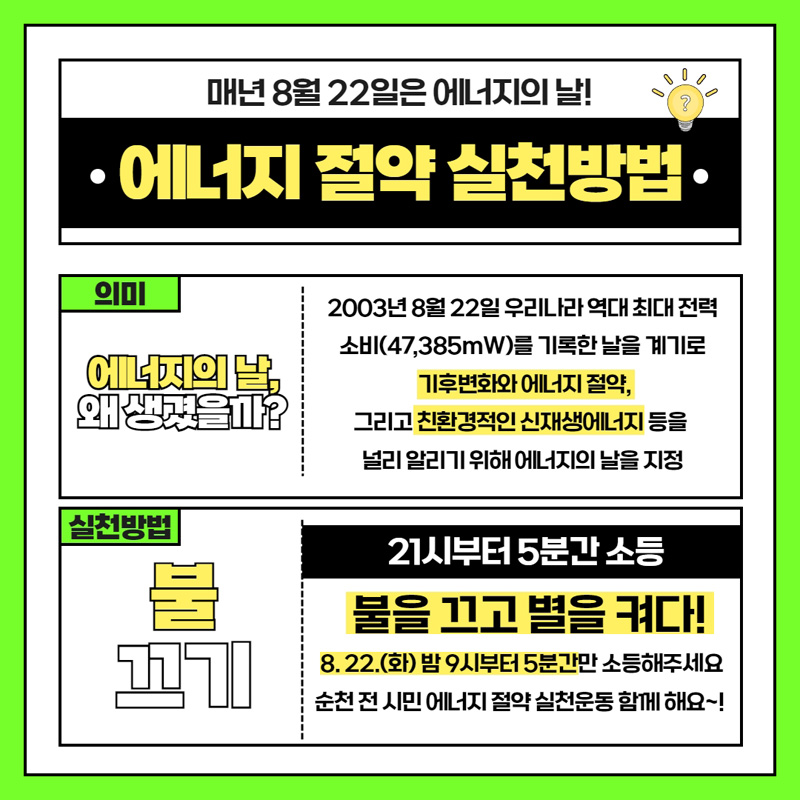 매년 8월22일은 에너지의날
에너지 절약 실천방법
의미 에너지의 날, 왜 생겼을까 2003년 8월 22일 우리나라 역대 최대 전력 소비(47,385mW)를 기록한 날을 계기로 기후변화와 에너지 절약, 그리고 친환경적인 신재생에너지 등을 널리 알리기 위해 에너지의 날을 지정
실천방법 불 끄기 21시부터 5분간 소등 불을 끄고 별을 켜다. 8.22(화) 밤 9시부터 5분간만 소등해주세요 순천 전 시민 에너지 절약 실천운동 함께 해요