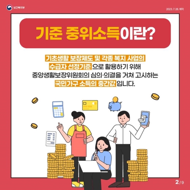 기준 중위소득이란?
기초생활 보장제도 및 각종 복지 사업의 수급자 선정기준으로 활용하기 위해 중앙생활보장위원회의 심의·의결을 거쳐 고시하는 국민가구 소득의 중간값입니다.