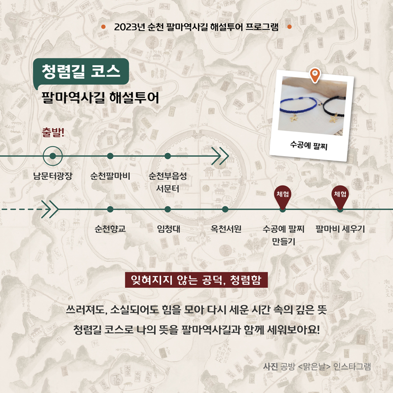 2023순천 팔마역사길 해설투어 프로그램
청렴길 코스 팔마역사길 해설투어
출발 남문터광장-순천팔마비-순천부읍성 서문터-순천향교-임청대-옥천서원-수공예 팔찌 만들기-팔마비 세우기
잊혀지지 않는 공덕, 청렴함
쓰러져도, 소실되어도 힘을 모아 다시 세운 시간 속의 깊은 뜻 청렴길 코스로 나의 뜻을 팔마역사길과 함께 세워보아요
사진 공방 맑은말 인스타그램