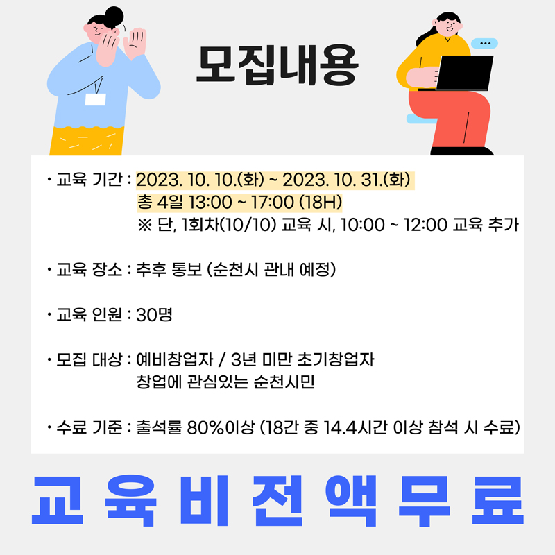 모집내용
교육기간 2023.10.10.(화)~2023.10.31(화) 총 4일 13:00~17:00(18H)
*단, 1회차(10/10) 교육시, 10:00~12:00 교육 추가
교육장소 추후 통보(순천시 관내 예정)
교육인원 30명
모집대상 예비창업자 / 3년 미만 초기창업자, 창업에 관심있는 순천시민
수료기준 출석률80%이상 (18시간 중 14.4시간 이상 참석 시 수료)
교육비전액무료