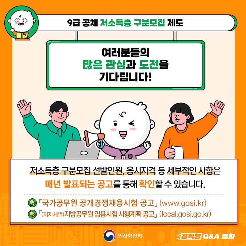 9급 공채 저소득층 구분모집 제도-Q&A
여러분들의 많은 관심과 도전을 기다립니다!
저수득층 구분모집 선발인원, 응시자격 등 세부적인 사항은
매년 발표되는 공고를 통해 확인할 수 있습니다.
국가공무원 공개경쟁채용시험 공고 (www.gosi.kr)
(지자체별)지방공무원 임용시험 시행계획 공고 (local.gosi.kr)