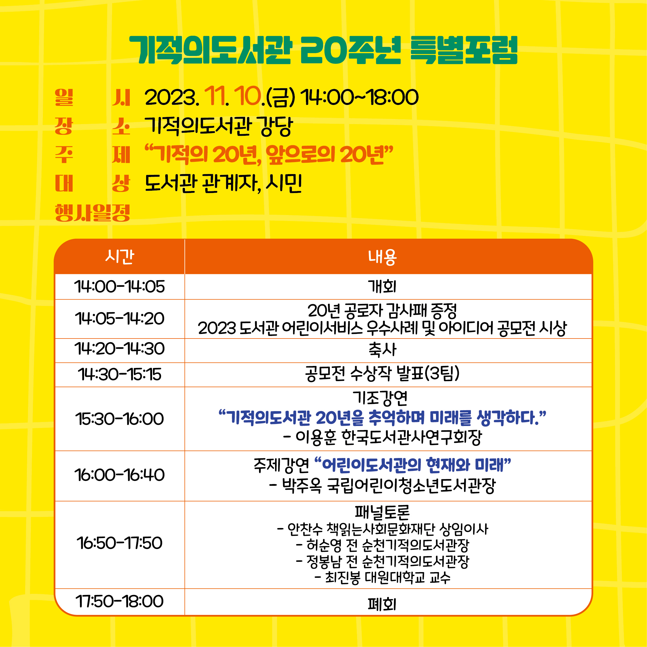 기적의도서관20주년 특별포럼
일시 2023.11.10.(금) 14:00~18:00
장소 기적의도서관 강당
주제 "기적의20년, 앞으로의 20년"
대상 도서관관계자, 시민
행사일정
14:00-14:05 개회
14:05-14:20 20년 공로자 감사패 증정, 2023도서관 어린이서비스 우수사례 및 아이디어 공모전 시상
14:20-14:30 축사
14:30-15:15 공모전 수상작 발표(3팀)
15:30-16:00 기조강연 "기적의도서관 20년을 추억하며 미래를 생각하다"-이용훈 한국도서관사연구회장
16:00-16:40 주제강연 "어린이도서관의 현재와 미래"-박주옥 국립어린이청소년도서관장
16:50-17:50 패널토론 -안찬수 책읽는사회문화재단 상임이사 -허순영 전 순천기적의도서관장 -정봉남 전 순천기적의도서관장 -최진봉 대원대학교 교수
17:50-18:00 폐회