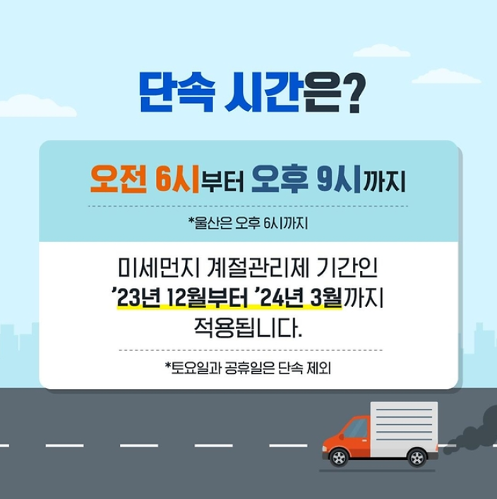 단속 시간은?
오전 6시부터 오후 9시까지
울산은 오후 6시까지
미세먼지 계절관리제 기간인 '23년 12월부터 '24년 3월까지 적용됩니다.
토요일과 공휴일은 단속 제외