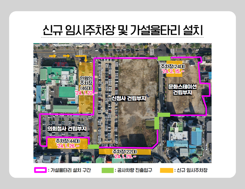 신규 임시주차장 및 가설울타리 설치
민원인주차장(46대) 24.1.22-
의회청사 건립부지
주차장(44대) 24.1.26-
주차장(22대) 24.1.29-
문화스테이션 건립부지
주차장(24대) 24.2.15-
분홍색-가설울타리 설치구간
연두색-공사차량 진출입구
노랑색-신규 임시주차장