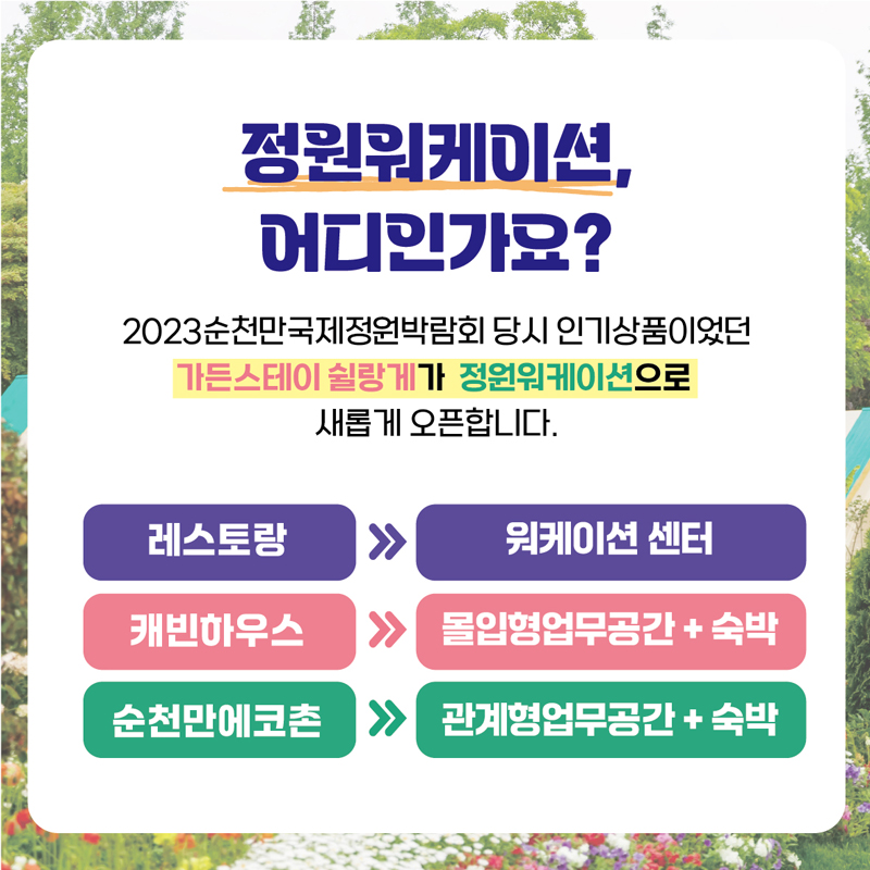 정원워케이션, 어디인가요?
2023순천만국제정원박람회 당시 인기상품이었던
가든스테이 쉴랑게가 정원워케이션으로
새롭게 오픈합니다
레스토랑 >> 워케이션 센터
캐빈하우스 >> 몰입형업무공간 + 숙박
순천만에코촌 >> 관계형업무공간 + 숙박