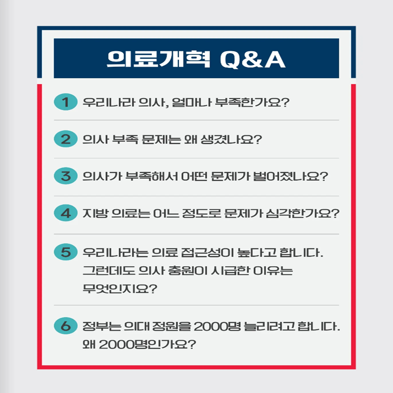 의료개혁 Q&A
1 우리나라 의사, 얼마나 부족한가요?
2 의사 부족 문제는 왜 생겼나요?
3 의사가 부족해서 어떤 문제가 벌어졌나요?
4 지방 의료는 어느 정도로 문제가 심각한가요?
5 우리나라는 의료 접근성이 높다고 합니다. 그런데도 의사 충원이 시급한 이유는 무엇인지요?
6 정부는 의대 정원을 2000명 늘리려고 합니다. 왜 2000명인가요?