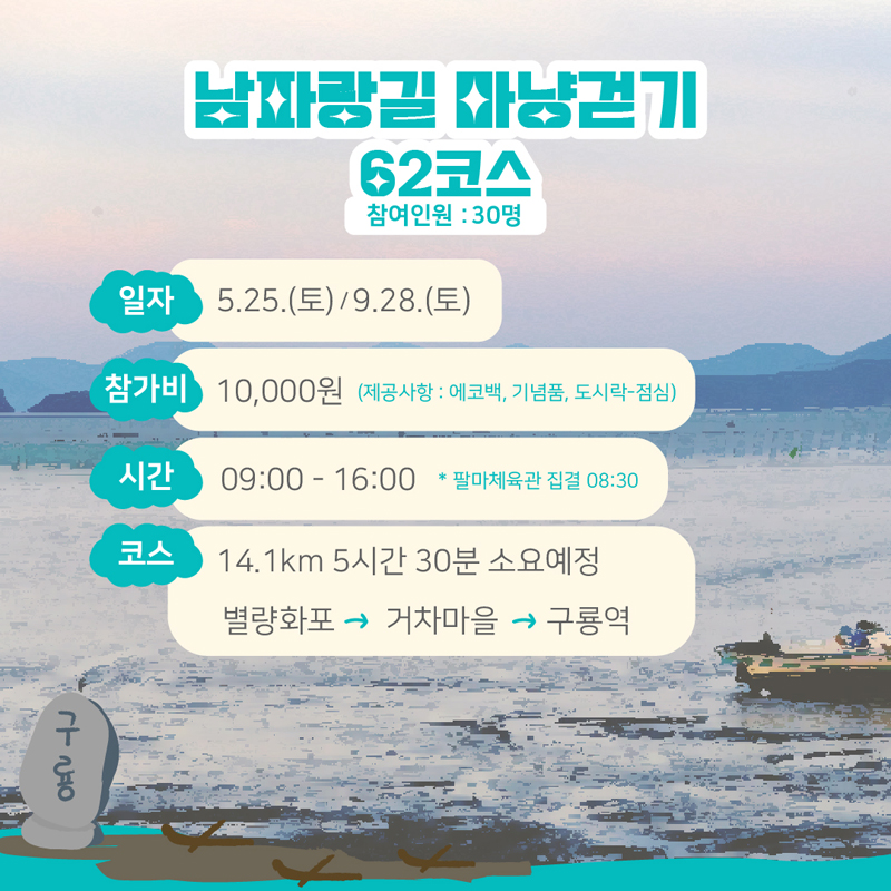 남파랑길 마냥걷기
62코스 참여인원 : 30명
일자 5.25.(토) / 9.28(토)
참가비 10,000원 (제공사항 : 에코백, 기념품, 도시락-점심)
시간 09:00-16:00 * 팔마체육관 집결 08:30
코스 14.1km 5시간 30분 소요예정
별량화포-거차마을-구룡역