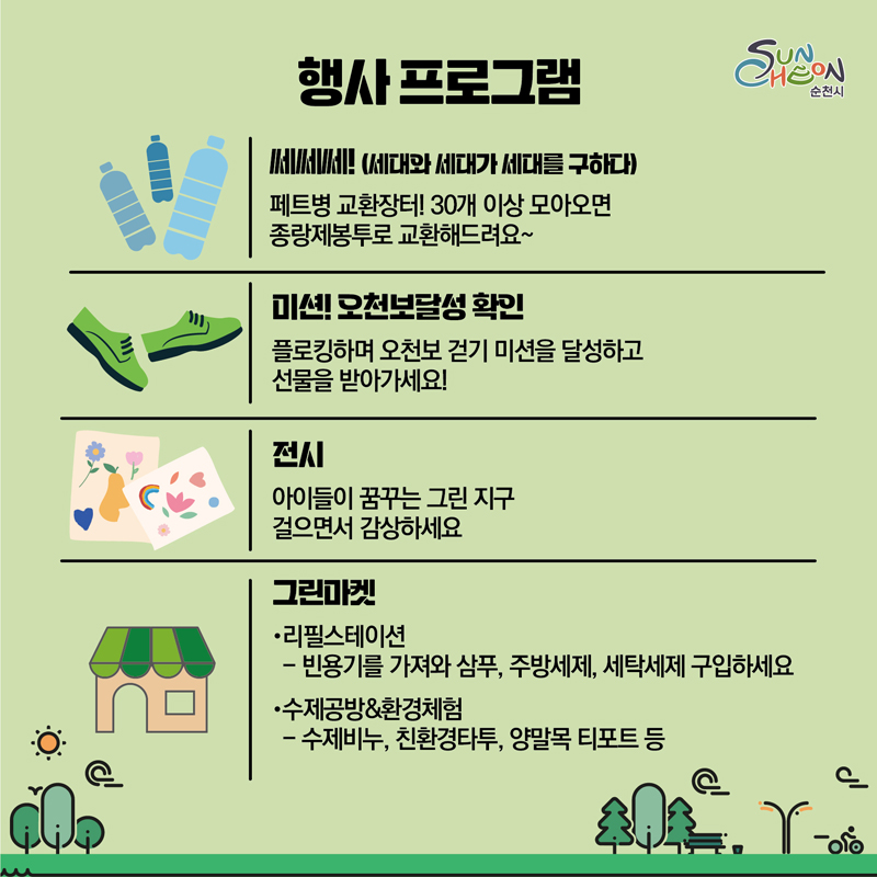 행사프로그램
쎄쎄쎄(세대와 세대가 세대를 구하다)
페트병 교환장터 30개 이상 모아오면 종량제봉투로 교환해드려요
미션 오천보달성 확인
플로킹하면 오천보 걷기 미션을 달성하고 선물을 받아가세요
전시 아이들이 꿈꾸는 그린 지구 걸으면서 감상하세요
그린마켓
리필스테이션-빈용기를 가져와 삼푸, 주방세제, 세탁세제 구입하세요
수제공방 앤 환경체험-수제비누, 친환경타투, 양말목 티포트 등