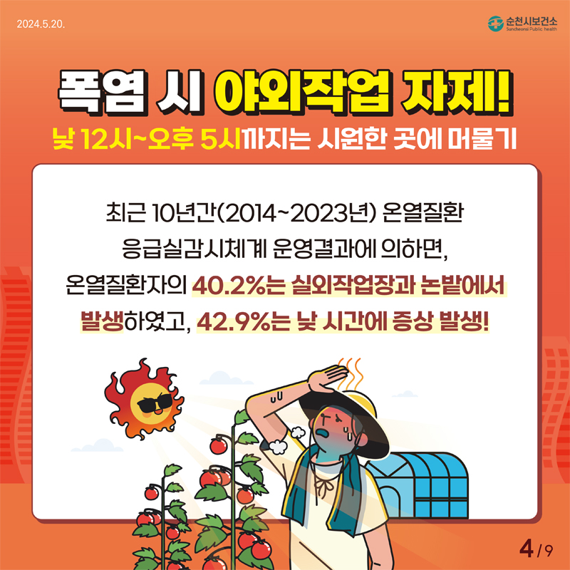 폭염 시 야외작업 자제
낮 12시-오후5시까지는 시원한 곳에 머물기
최근 10년간(2014-2023년) 온열질환 응급실감시체계 운영결과에 의하면, 온열질환자의 40.2퍼센트는 실외작업장과 논밭에서 발생하였고, 42.9퍼센트는 낮 시간에 증상 발생