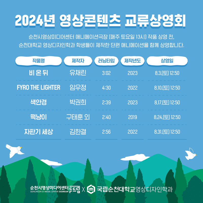 2024년 영상콘텐츠 교류상영회
순천시영상미디어센터 애니메이션극장 (매주 토요일 13시) 작품 상영 전,
순천대학교 영상디자인학과 학생들이 제작한 단편 애니메이션을 함께 상영합니다.
(해당 이미지는 표로 구성되어 있습니다. 작품명, 제작자, 러닝타임, 제작년도, 상영일을 나타냅니다)
비온뒤, 유채린, 3분02초, 2023, 8.3.(토) 12시50분
FYRO THE LIGHTER, 임우정, 4분30초, 2022, 8.10.(토) 12시50분
색안경, 박권희, 2분39초, 2023, 8.17.(토) 12시50분
떡냥이, 구태훈 외, 2분40초, 2019, 8.24.(토) 12시50분
자판기 세상, 김한결, 2분56초, 2022, 8.31.(토) 12시50분
순천시영상미디어센터두드림X국립순천대학교영상디자인학과