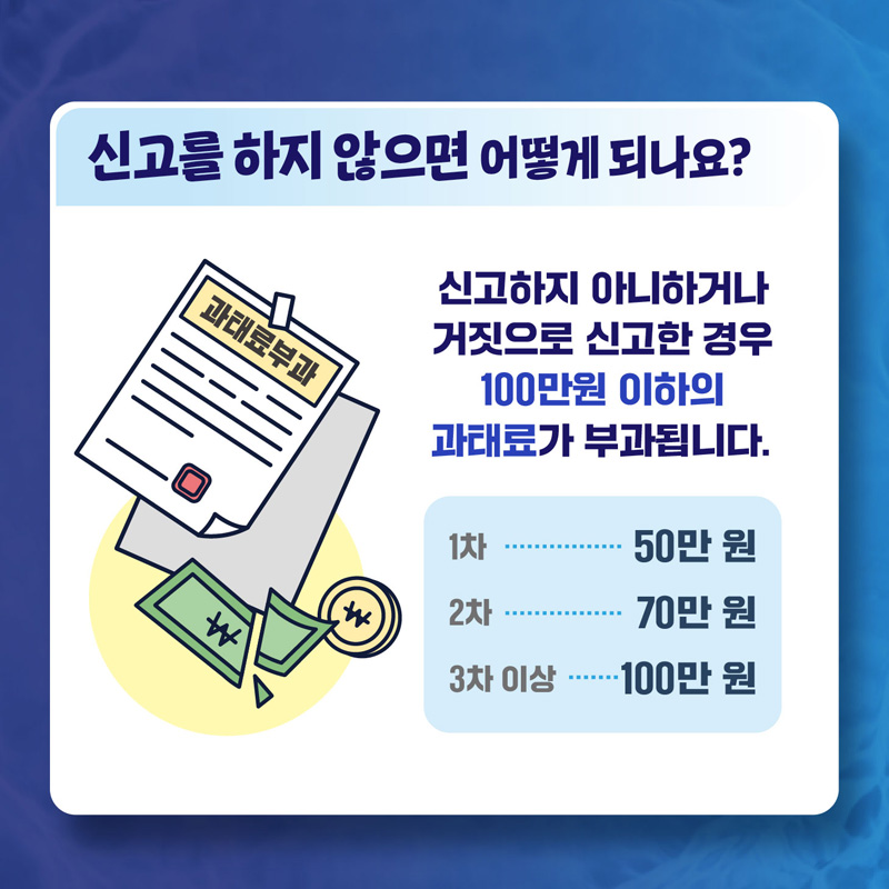 신고를 하지 않으면 어떻게 되나요
신고하지 아니하거나 거짓으로 신고한 경우 100만원 이하의 과태료가 부과됩니다.
1차 50만원, 2차 70만원, 3차이상 100만원