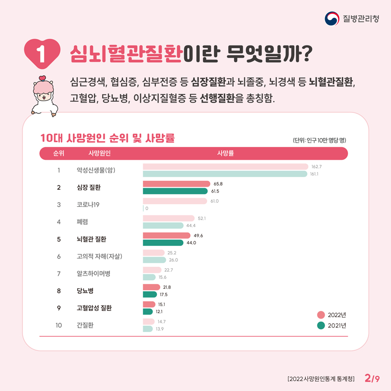 1. 심뇌혈관질환이란 무엇일까
심근경색, 협심증, 심부전증 등 심장질환과 뇌졸중, 뇌경색 등 뇌혈관질환, 고혈압, 당뇨병, 이상지질혈증 등 선행질환을 총칭함