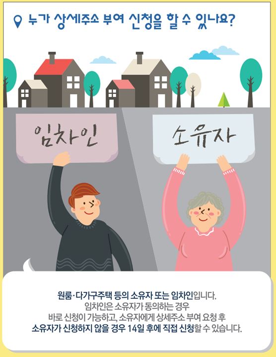 누가 상세주소 부여 신청을 할 수 있나요
원룸 다가구주택 등의 소유자 또는 임차인입니다
임차인은 소유자가 동의하는 경우
바로 신청이 가능하고 소유자에게 상세주소 부여 요청 후
소유자가 신청하지 않을 경우 14일 후에 직접 신청할 수 있습니다.