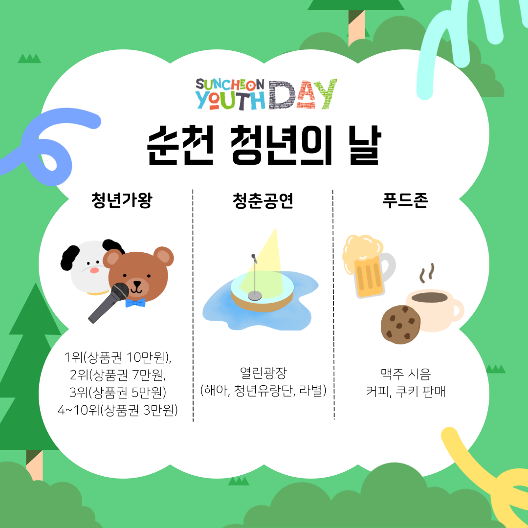 SUNCHEON YOUTH DAY
순천 청년의 날
청년가왕 1위(상품권 10만원) 2위(상품권 7만원) 3위(상품권 5만원) 4-10위(상품권 3만원)
청춘공연 열린광장(해아, 청년유랑단, 라별)
푸드존 맥주시음, 커피, 쿠키 판매