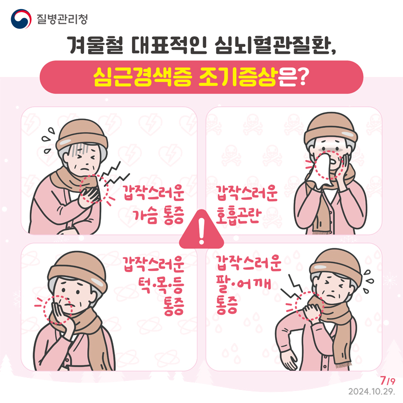 겨울철 대표적인 심뇌혈관질환, 심근경색증 조기증상은
갑작스러운 가슴통증, 감작스러운 호흡곤란, 갑작스러운 턱 목 등 통증, 갑작스러운 팔 어깨 통증