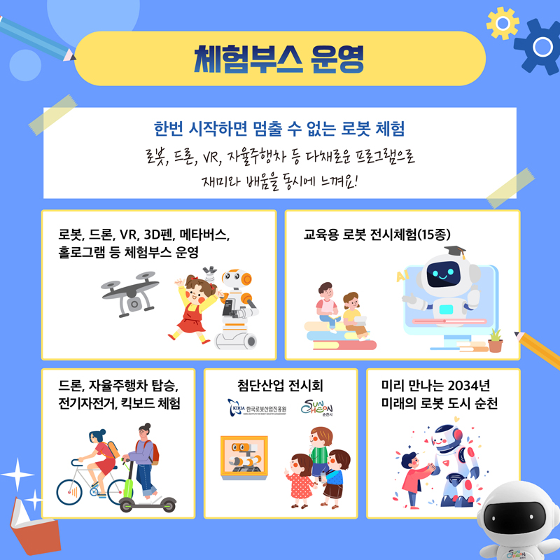 체험부스 운영
한번 시작하면 멈출 수 없는 로봇 체험
로봇, 드론, VR, 자율주행차 등 다채로운 프로그램으로 재미와 배움을 동시에 느껴요
로봇, 드론, VR, 3D펜, 메타버스 홀로그램 등 체험부스 운영
교육용 로봇 전시체험(15종)
드론, 자율주행차 탑승, 전기자전거, 킥보드 체험
첨단산업 전시회
미리 만나는 2034년 미래의 로봇 도시 순천