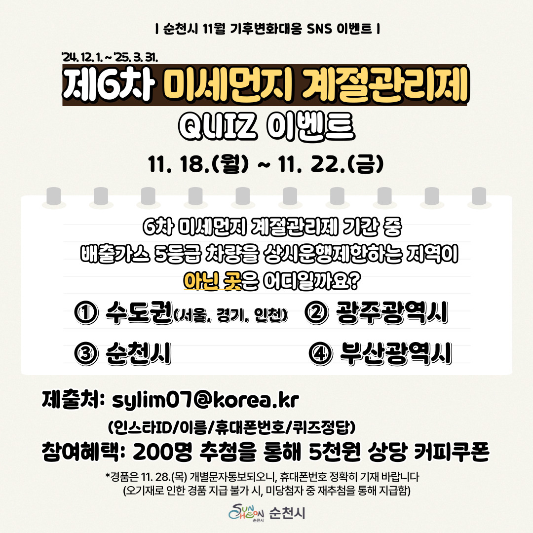 순천시 11월 기후변화대응 SNS 이벤트
24.12.1-25.3.31
제6차 미세먼지 계절관리제 QUIZ 이벤트 11.18.(월)=11.22.(금)
6차 미세먼지 계절관리제 기간 중 배출가스 5등급 차량을 상시운행제한하는 지역이 아닌 곳은 어디일까요
1. 수도권(서울, 경기, 인천) 2. 광주광역시 3. 순천시 4. 부산광역시
제출처 sylim07골뱅이korea.kr(인스타ID, 이름, 휴대폰번호, 퀴즈정답)
참여혜택 200명 추첨을 통해 5천원 상당 커피쿠폰
경품은 11.28.(목) 개별문자통보되오니 휴대폰번호 정확히 기재 바랍니다(오기재로 인한 경품 지급 불가 시 미당첨자 중 재추첨을 통해 지급함)_
순천시