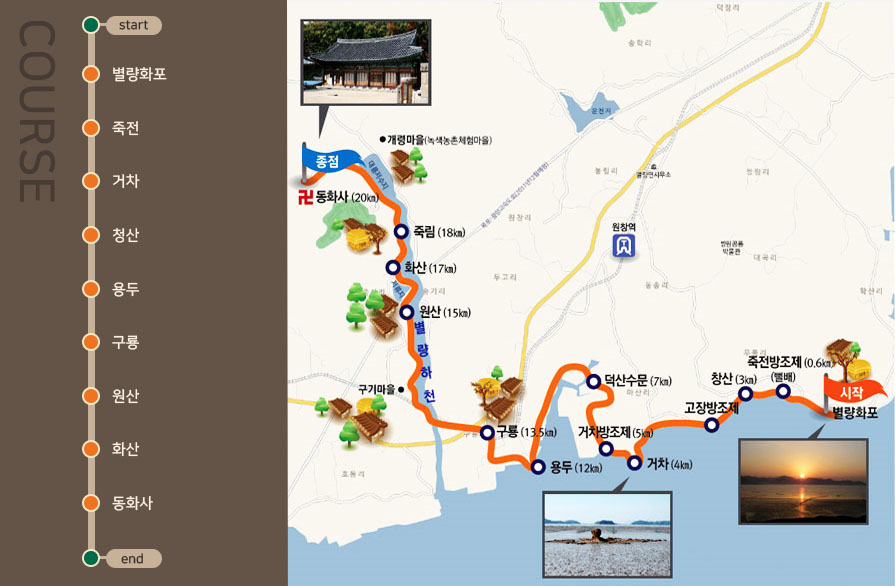 전체코스 별량화포(시작)→죽전→거차→창산→용두→구룡→원산→화산→동화사(종점)