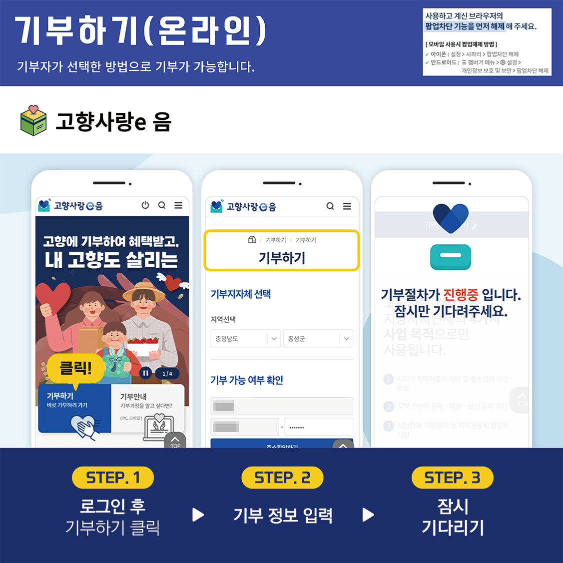 기부방법(온라인)
기부자가 선택한 방법으로 기부가 가능합니다.
사용하고 계신 브라우저의 팝업차단 기능을 먼저 해제 해 주세요.
[모바일 사용시 팝업해제 방법]
아이폰:설정>사파리>팝업차단 해제
안드로이드:햄버거메뉴>설정>개인정보 보호 및 보안>팝업차단 해제
고향사랑e음
step.1 로그인 후 기부하기 클릭
step.2 기부 정보 입력
step.3 잠시 기다리기