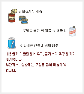 내용물과 이물질을 비우고, 플라스틱 뚜껑을 제거 합니다. 부탄가스, 살충제는 구멍을 뚫어 배출해야 합니다. -압축하여 배출 -따게는 캔속에 넣어 배출 -구멍을 뚫은 뒤 압축 → 배출