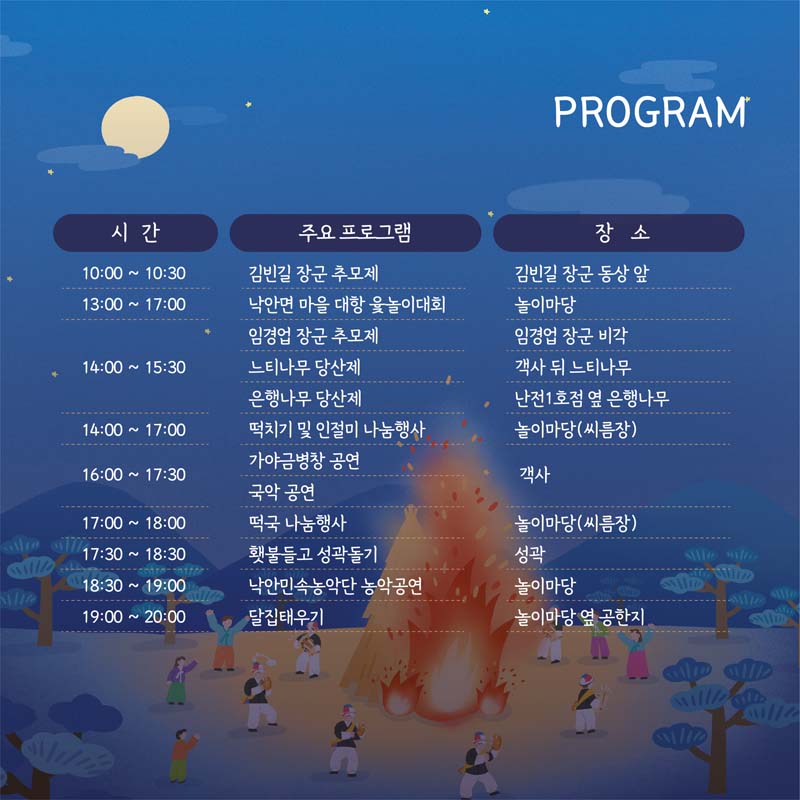 프로그램
10시부터 10시30분  김빈길 장군 추모제(김빈길 장군 동상 앞)
13시부터 17시  낙안면 마을 대항 윷놀이대회(놀이마당)
14시부터 15시30분  임경업 장군 추모제(임경업 장군 비각), 느티나무 당산제(객사 뒤 느티나무), 은행나무 당산제(낙전1호점 옆 은행나무)
14시부터 17시  떡치기 및 인절미 나눔행사(놀이마당 씨름장)
16시부터 17시30분  가야금명창 공연(객사), 국악공연(객사)
17시부터 18시 떡국 나눔행사(놀이마당 씨름장)
17시30분부터 18시30분  횃불들고 성곽돌기(성곽)
18시30분부터 19시  낙안민속농악단 농악공연(놀이마당)
19시부터 20시 달집태우기(놀이마당 옆 공한지)