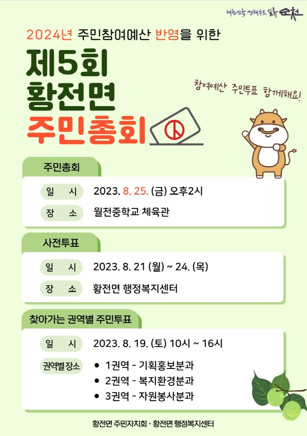 2024년 주민참여예산 반영을 위한 제5회 황전면 주민총회
참여예산 주민투표 함께해요
주민총회
일시 2023.8.25(금) 오후2시
장소 월전중학교 체육관
사전투표
일시 2023.8.21(월)-24(목)
장소 황전면 행정복지센터
찾아가는 권역별 주민투표
일시 2023.8.19.(토) 10시-16시
권역별장소
1권역-기획홍보분과
2권역-복지환경분과
3권역-자원봉사분과