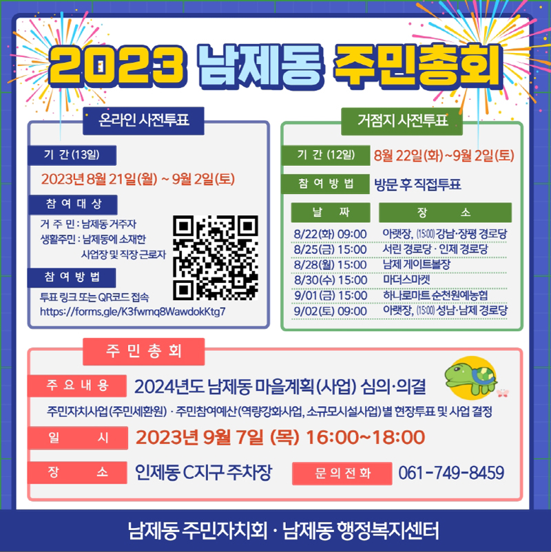 2023 남제동 주민총회
온라인 사전투표
기간(13일) 2023년8월21일(월)-9월2일(토)
참여대상 거주민 남제동거주자, 생활주민 남제동에 소재한 사업장 및 직장근로자
참여방법 투표 링크 또는 QR코드 접속
거점지 사전투표
기간(12일) 8월22일(화)-9월2일(토)
참여방법 방문 후 직접투표
8.22(화) 09시 아랫장, (15시)강남.장평 경로당
8.25(금) 15시 서린 경로당.인제 경로당
8.28(월) 15시 남제 게이트볼장
8.30(수) 15시 마더스마켓
9.01(금) 15시 하나로마트 순천원예농협
9.02(토) 09시 아랫장, (15시) 성남.남제 경로당
주민총회
주요내용 2024년도 남제동 마을계획(사업) 심의.의결
주민자치사업(주민세환원).주민참여예산(역량강화사업, 소규모시설사업) 별 현장투표 및 사업 결정
일시 2023년9월7일(목) 16시 부터 18시
장소 인제동 C지구 주차장
문의전화 061-749-8459
남제동 주민자치회.남제동 행정복지센터