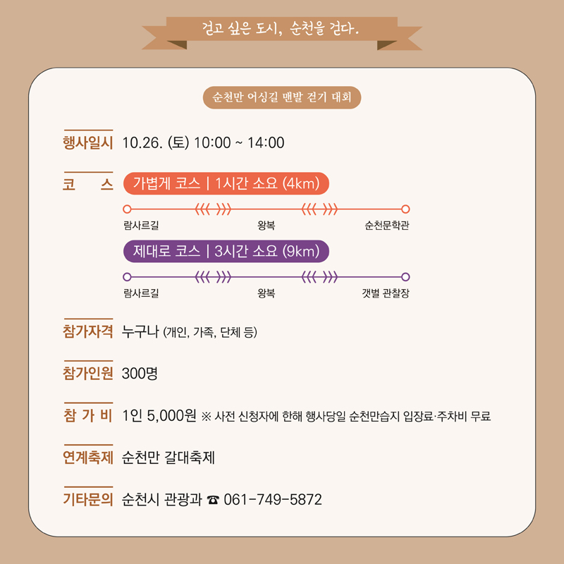 걷고 싶은 도시, 순천을 걷다
순천만 어싱길 맨발 걷기 대회
행사일시 10.26.토 10시-14시
코스 가볍게 코스 1시간소요(4km) 람사르길-왕복-순천문학관
제대로 코스 3시간 소요(9km) 람사르길-왕복-갯벌 관찰장
참가자격 누구나(개인, 가족, 단체 등)
참가인원 300명
참가비 1인 5000원 사전 신청자에 한해 행사당일 순천만습지 입장료 주차비 무료
연계축제 순천만 갈대축제
기타문의 순천시 관광과 061-749-5872